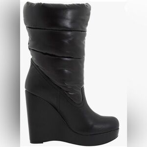 KENSI GIRL - Women's Black Puffy Fur lined Wedged platform boots